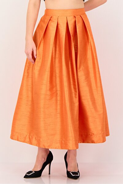 femi9 Women Plain Midi Skirt, Orange
