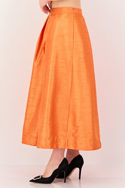 femi9 Women Plain Midi Skirt, Orange