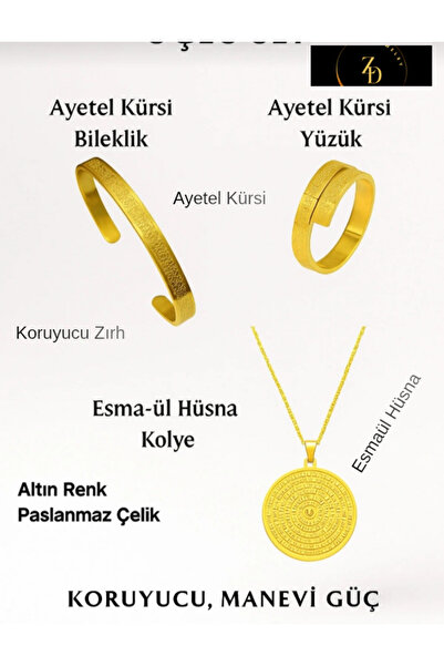 ZD JEWELRY Ayetel Kürsi Bileklik, Yüzük, Esmaül Hüsna Kolye, Premium Set Çelik, Altın Renk, Ayarlanabilir Üçlü