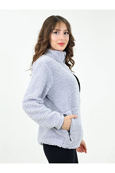 TKT Gray Women's Lamb Welsoft Fleece Jacket Full Zipper 3 Pockets Front Piece Detail Full Size