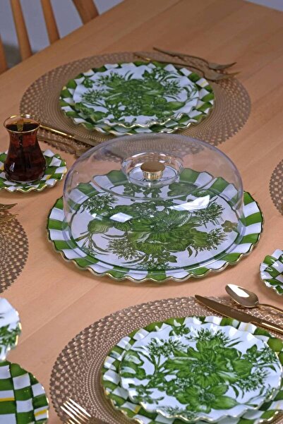 akdenizhome Mode Green Altın Yaldızlı Kapaklı Kek Fanus - Pasta Sunum Standı