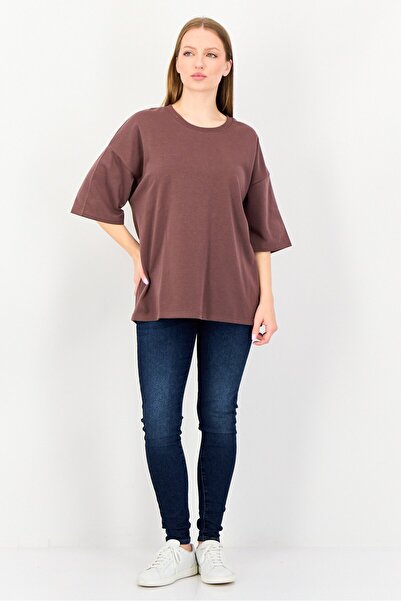 Core Elements Women Crew Neck Plain Short Sleeve T-Shirt, Brown