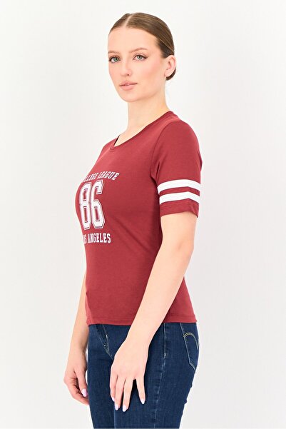 Brave Soul Women Crew Neck Short Sleeve Graphic Print T-Shirt, Maroon