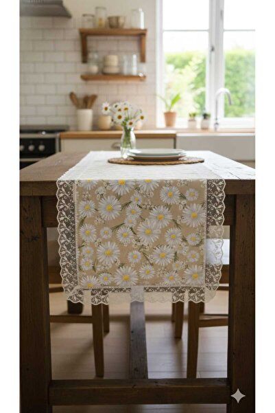 Rona Home Daisy Patterned Guipure Runner White with Thin Edging – Stylish Table Decor Bridal House Dowry Table Runner