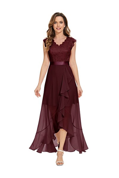 Dressystar Women's Elegant V-Neck Maxi Bridesmaid Dress - Burgundy, S