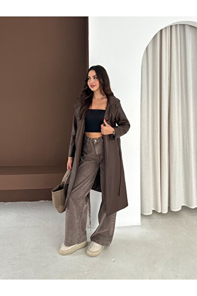 02Lady Fashion Καμπαρντίνα από συνθετικό δέρμα με επένδυση και ζώνη