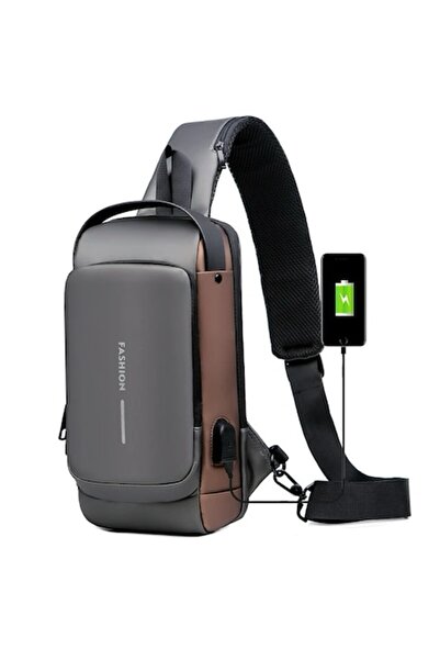 MeK Fine Smart Crossbody Backpack, Waterproof, USB Charging, Anti-theft, Unisex (Gray/Brown)