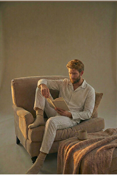 EVIus Set de pijama cu pantaloni și cămașă cu mâneci lungi din crep cu dungi material elastic țesături croială obișnuită