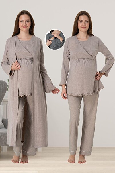 ByLohusa Pregnant Maternity Pajama Set with Effortt Beige Dressing Gown