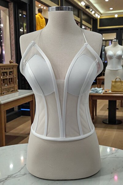 FİYPER Διαφανές νυφικό με κορσέ με εσώρουχο, έτοιμο σε μέγεθος, λευκό