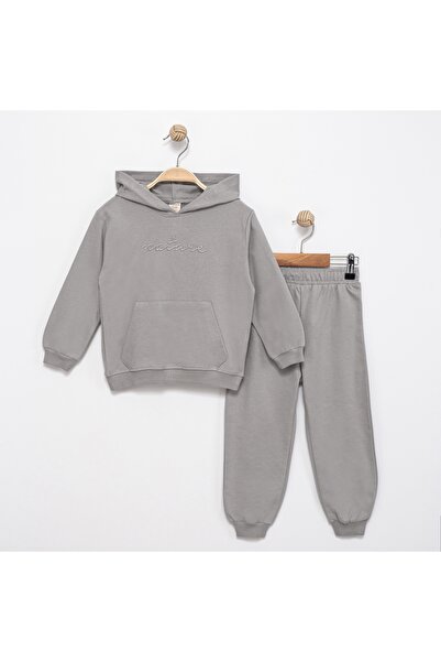Divonette Gri Kız Çocuk Eşofman Takımı Kapüşonlu Rahat Kalıp 2031-7