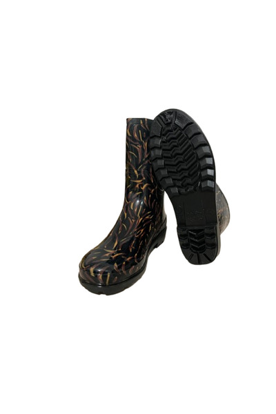Emek Women's Yellow-Black Patterned 23 cm Short Garden Rain Boots