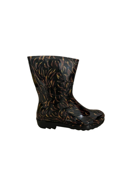 Emek Women's Yellow-Black Patterned 23 cm Short Garden Rain Boots