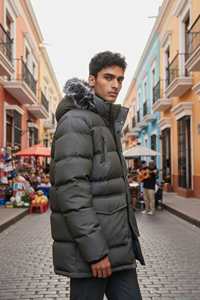 zhrcollection Men's Waterproof Fur Hooded Thermal Puffer Winter Coat – Cold-Proof Padded Model