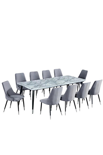 Tasamem Dafia Marble dining table with 10 fabric chairs