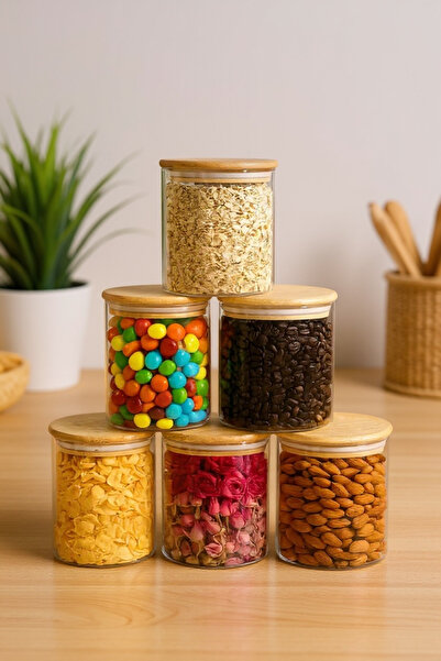 zezedesing Borosilicate 6-Piece Spice Jar & Storage Jar Set 250ml – Bamboo Vacuum Lid