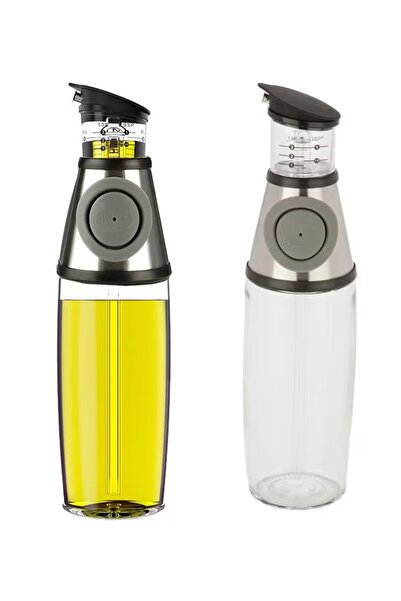 Generic One-touch oil and vinegar dispenser bottle, clear with gray, glass, measuring scale, flip-top lid
