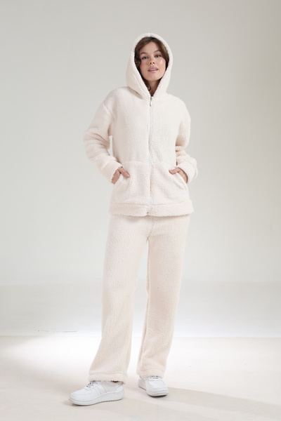 Tight Lady Team Welsoft Winter Wide Leg Pants and Kangru Pocket Hooded Zippered Cardigan Bottom Top Plush Set