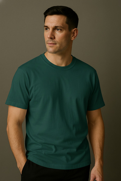beuivo Men's Oversized Wide Cut 100% Cotton Basic Crew Neck Pine Green T-Shirt