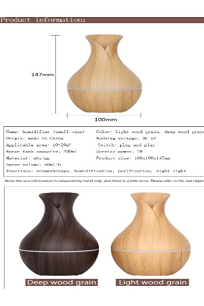 OEM Vase-type aromatherapy humidifier, 200 ml, USB, ultrasonic, 7 LED colors, dark wood
