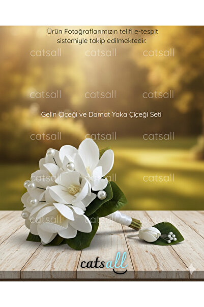 catsall Manolya İnci Detaylı Gelin Buketi ve Damat Yaka Çiçeği Seti 🌸