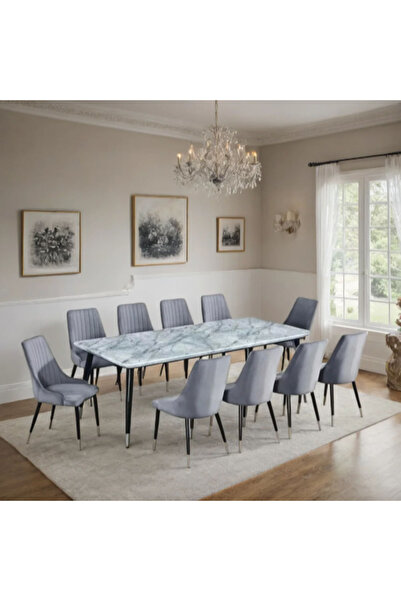 Tasamem Dafia Marble dining table with 10 fabric chairs
