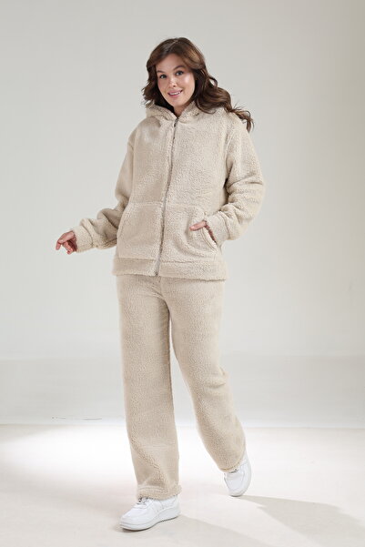 Tight Lady Team Welsoft Winter Wide Leg Pants and Kangru Pocket Hooded Zippered Cardigan Bottom Top Plush Set