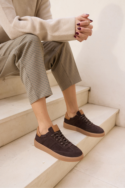 ANGELİNA JONES Fi̇ori̇n Women's Brown Genuine Leather Suede Lace-Up Sneaker