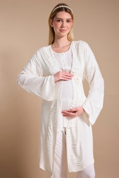 Lohusa Dünyasi Lohussa Women's Ecru Patterned Lace Design 100% Cotton Maternity Loungewear Pajama Set