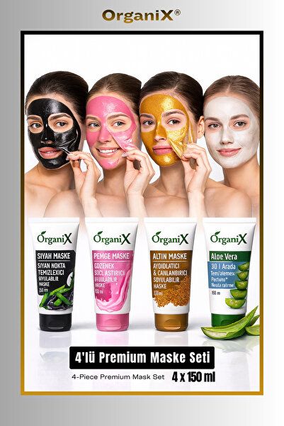 Organix Yüz Maskesi Premium 4'lü Set - Siyah, Pembe, Altın, Aloe Vera (4x150ml)