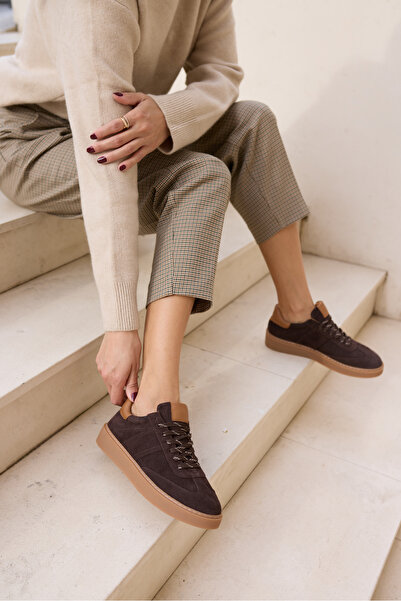 ANGELİNA JONES Fi̇ori̇n Women's Brown Genuine Leather Suede Lace-Up Sneaker