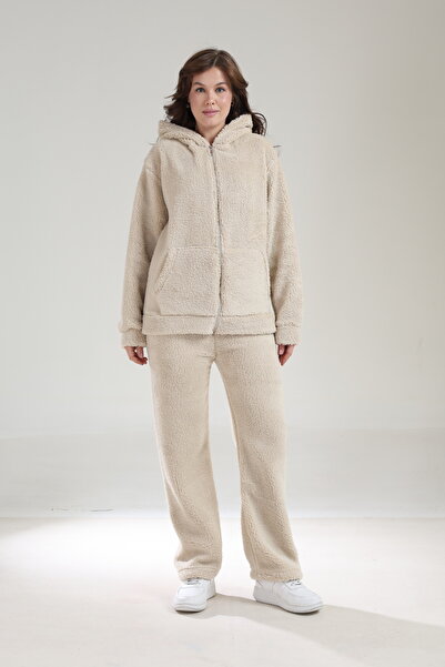 Tight Lady Team Welsoft Winter Wide Leg Pants and Kangru Pocket Hooded Zippered Cardigan Bottom Top Plush Set