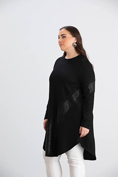 QUAWEAR Crew Neck Leather Pattern Printed Stones Asymmetrical Cut Combed Cotton Tunic