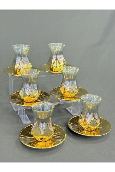 isra kristal Luxury Gold 6-Piece Glass Tea Set – Stylish Tea Cup and Saucer Set – Dishwasher Safe Tea Set