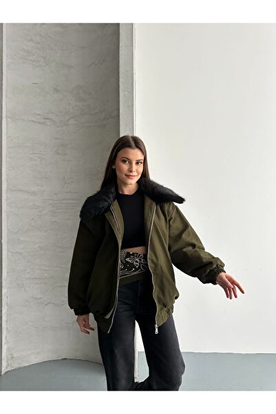 solena sln Women's New Season Quilted Detail Collar Fur-Lined Gabardine Bomber Jacket