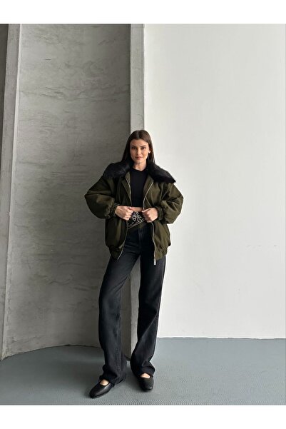 solena sln Women's New Season Quilted Detail Collar Fur-Lined Gabardine Bomber Jacket