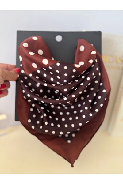 simy accessories Fular Kahverengi Puantiyeli 70*70 İpekŞal-Fular