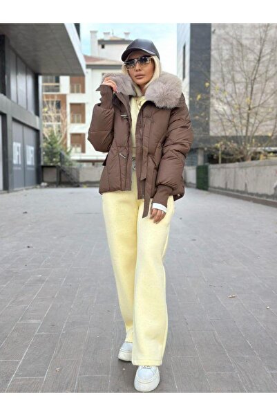 Robin 99899 Πουπουλένιο παλτό με γούνινο γιακά καφέ