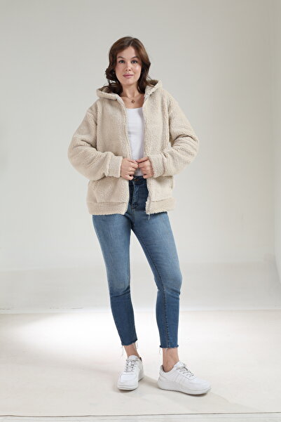 Tight Lady Thick Texture Welsoft Winter Kangru Pocket Hooded Zippered Plush Cardigan