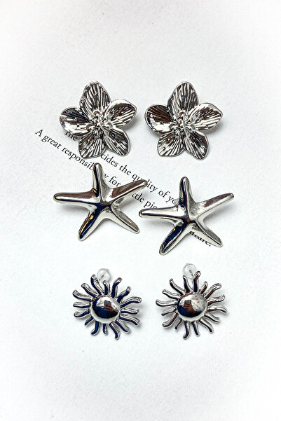 roshel 3 Çift Küpe Deniz Yıldızı, Güneş,Çiçek Set Küpe
