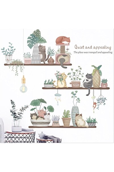 KASTWAVE Cute Cat & Potted Plant Watercolor Wall Stickers (2 Sheets) - Remova...