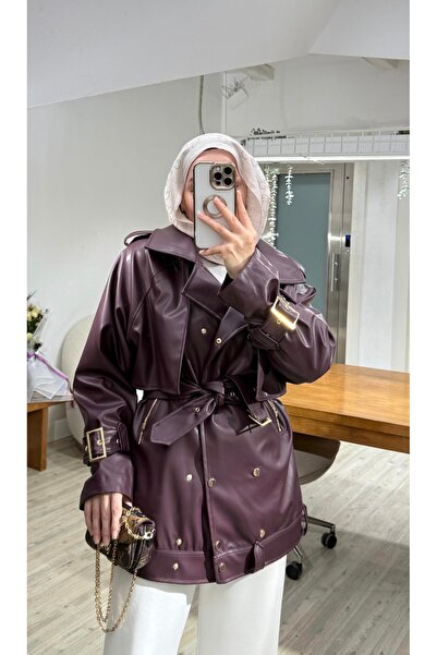 Universal Kemerli Deri Trençkot Bordo