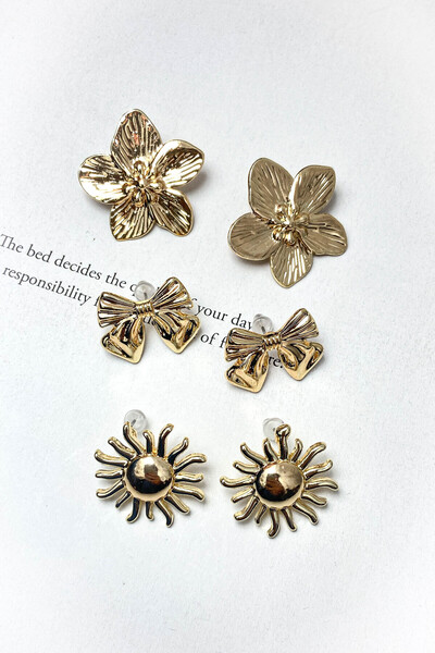 roshel 3 Pairs of Earrings Set with Flowers, Sun, and Bows