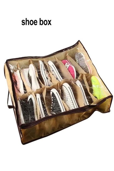 Generic Under-bed shoe storage organizer, 12 compartments, with transparent zipper, brown and beige, non-woven fabric