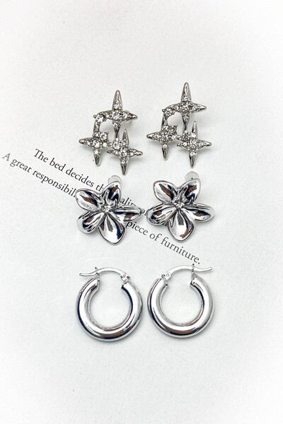 roshel 3 Pairs Earrings Flower, Hoop, North Star Set Earrings