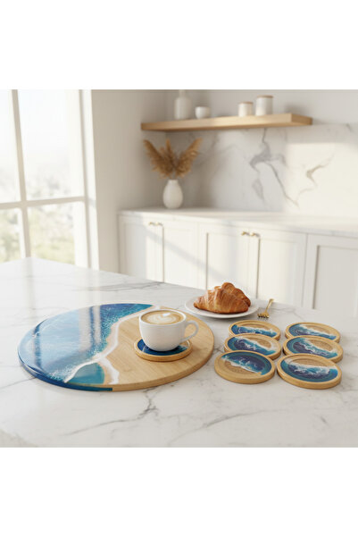 CraftedEssencee Ocean Epoksi Kaplama Bambu Sunumluk ve Bardak Altlığı– Set