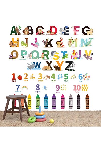 Yelajoy Animal Alphabet & Numbers Wall Decals - Colourful Peel and Stick Removable