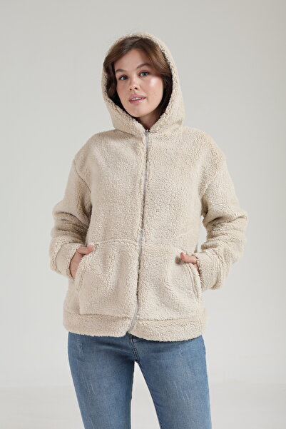 Tight Lady Thick Texture Welsoft Winter Kangru Pocket Hooded Zippered Plush Cardigan