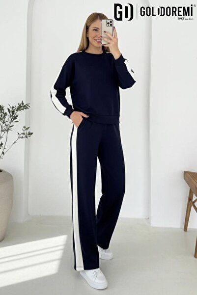 gd goldoremi 040 Modal Women's Striped Detail Sleeves Cuffed Loose Fit Tracksuit Set