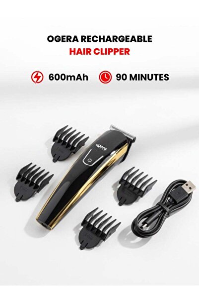 Ogera OG2000HT Rechargeable Hair Clipper, 90min, Stainless Steel Blades, USB-C, Black & Gold